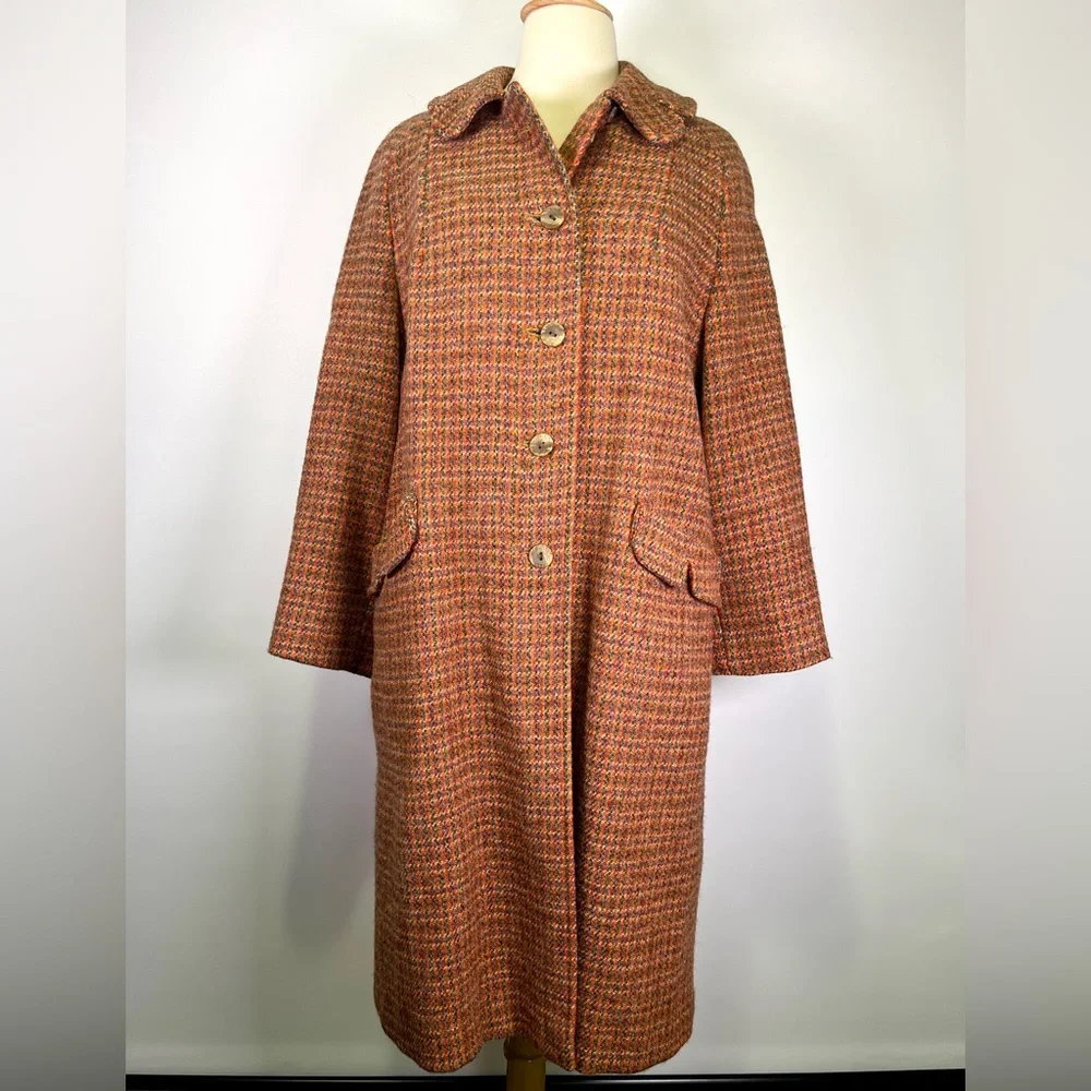 Vintage 60s/70s Harris Tweed Women’s Wool Overcoat Houndstooth Tar-Shire Mod - Picture 2 of 16
